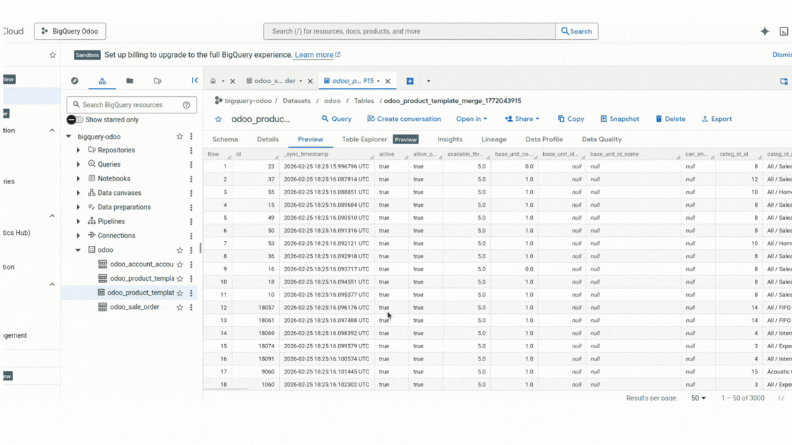 Odoo BigQuery Connector โ incremental CDC sync dashboard in action