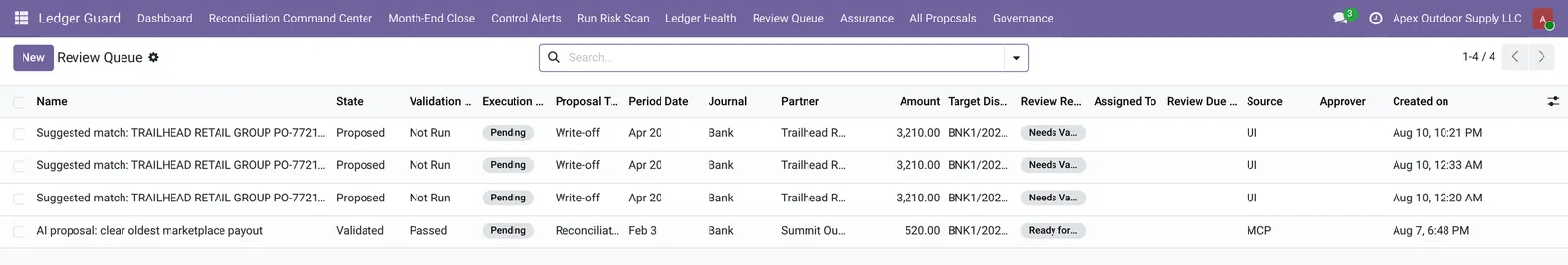 AI Accounting for Odoo review queue in Odoo showing AI reconciliation proposals awaiting accountant approval with validation status