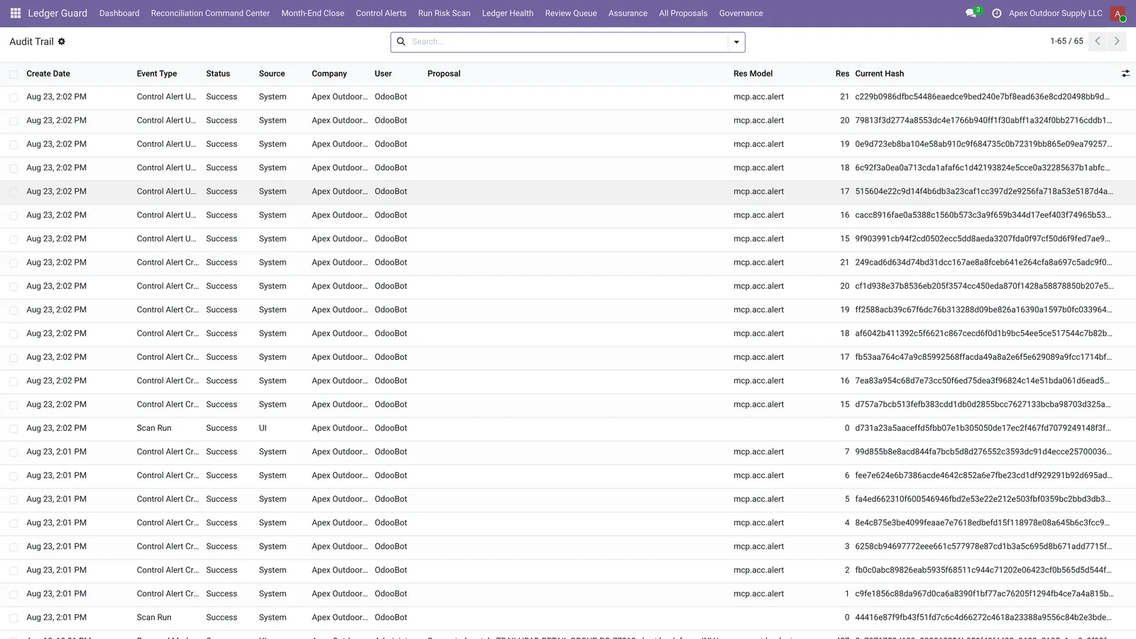 AI Accounting for Odoo hash-chained audit trail in Odoo 19 recording every scan, proposal, approval and execution as tamper-evident records